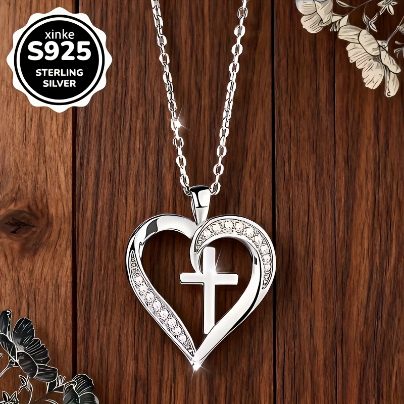 Women's Heart-Shaped Silvery Cross Necklace, Symbolizing Eternal Love